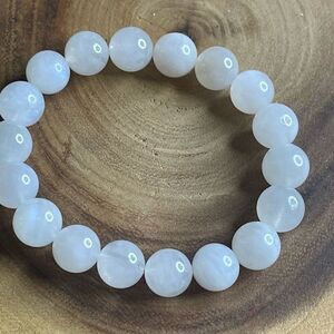 White Moonstone beaded bracelet 7” crystal healing beads 8mm blue flash
